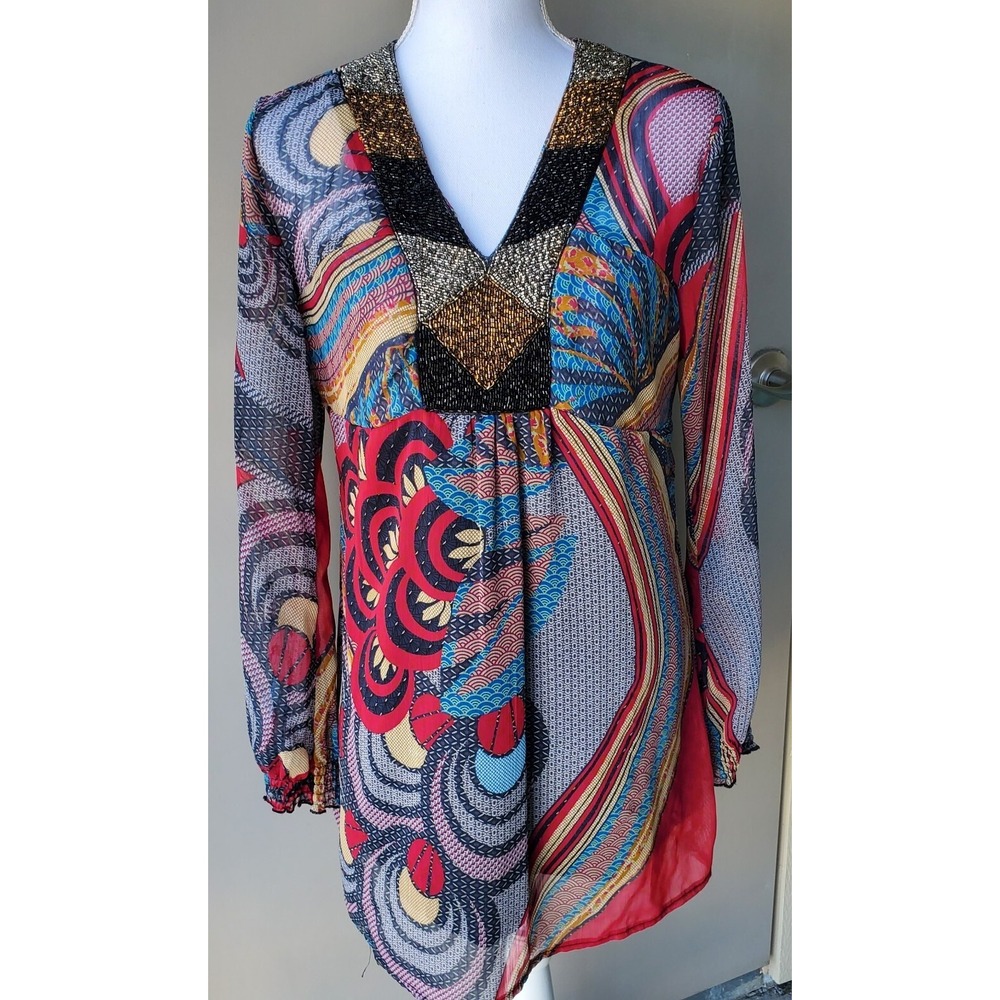 Zashi Dress‎ Womens Medium Red Blue Orange Beaded Neck BOHO Long Sleeve Lined